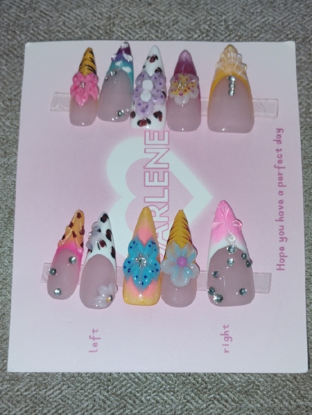 Colorful 3D Floral & Gem Press-On Nails - Pink Multicolor Set